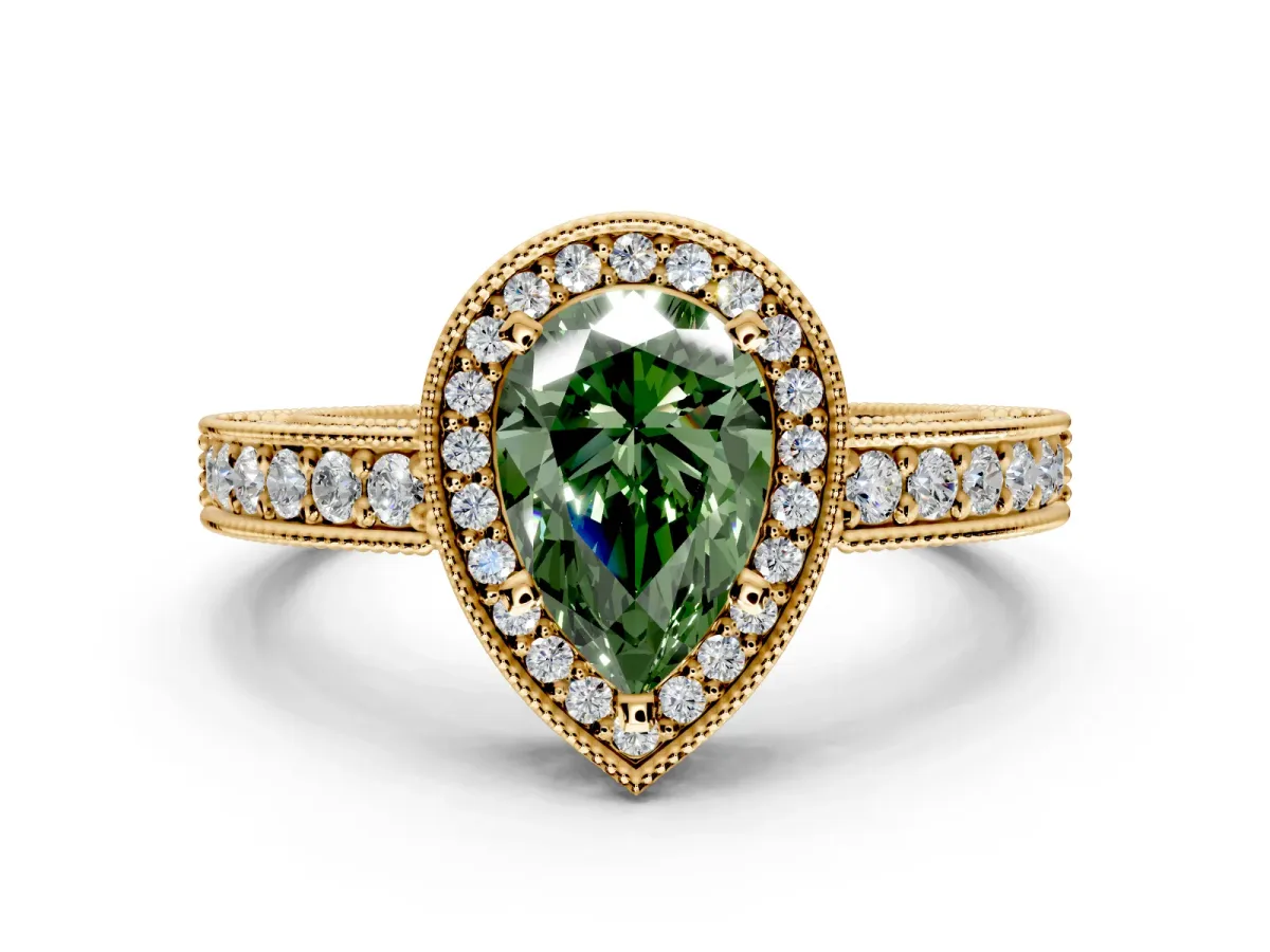 Milgrain Halo Engagement Ring Setting for Fancy Green Pear-Shaped Center with Wide Pave Band and Prong Head in Yellow Gold