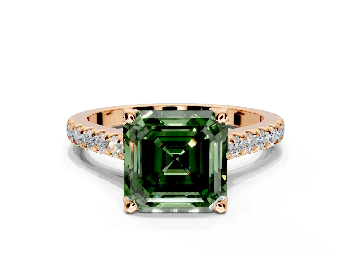 Solitaire Engagement Ring Setting for Fancy Green Asscher Cut Center with Widening Pave Band and Claw Prong Head in Rose Gold