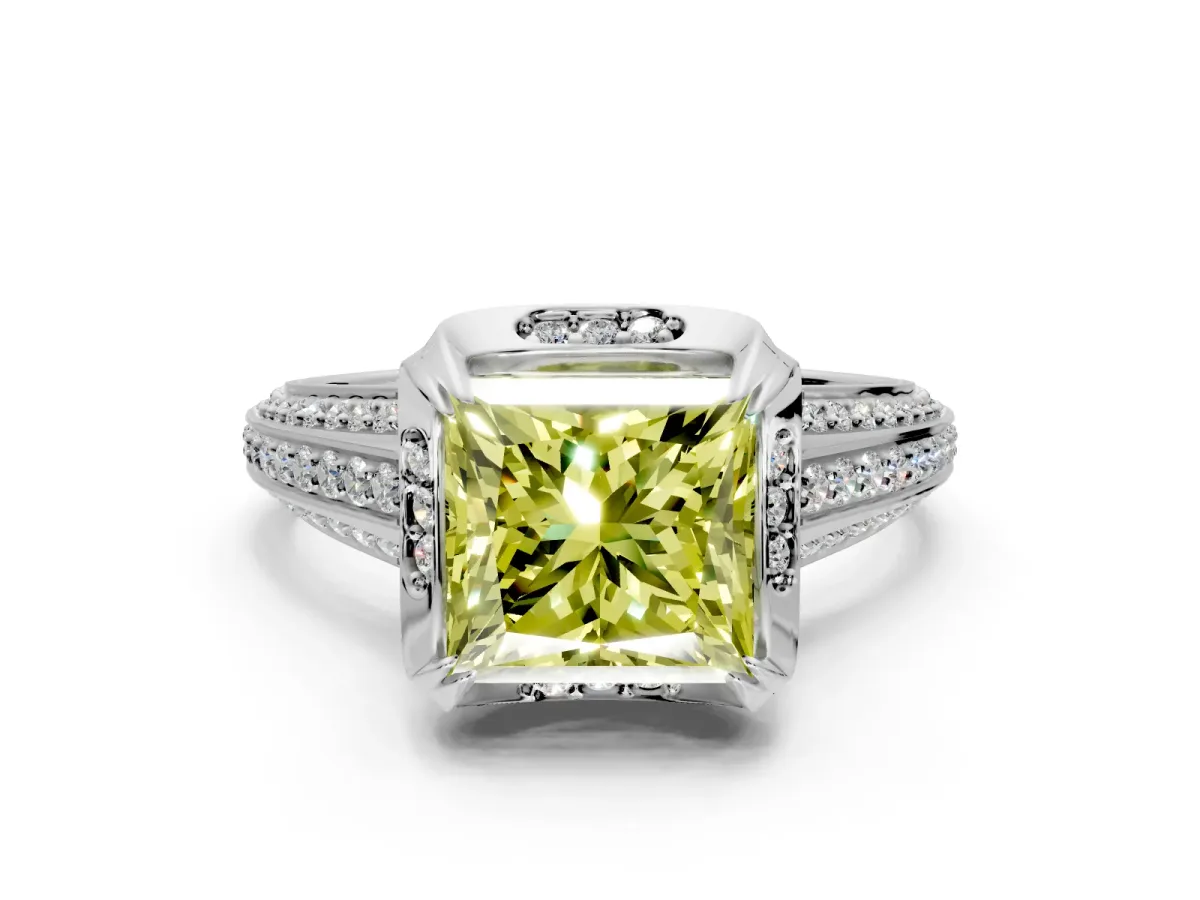 Solitaire Engagement Ring Setting for Fancy Yellow Princess Cut Center with Accented Split Shank and Prong Head in Platinum
