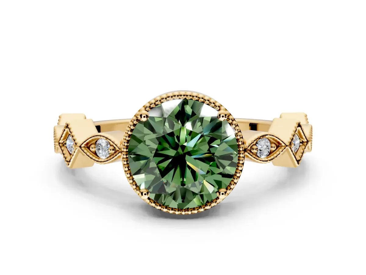 Milgrain Bezel Engagement Ring Setting for Fancy Green Round Cut Center with Marquise Stations and Bezel Head in Yellow Gold