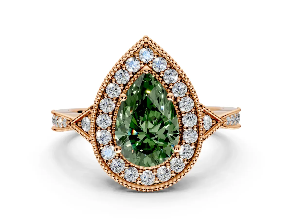 Halo Engagement Ring Setting for Fancy Green Pear-Shaped Center with Milgrain Rim, Pave Band and Prong Head in Rose Gold