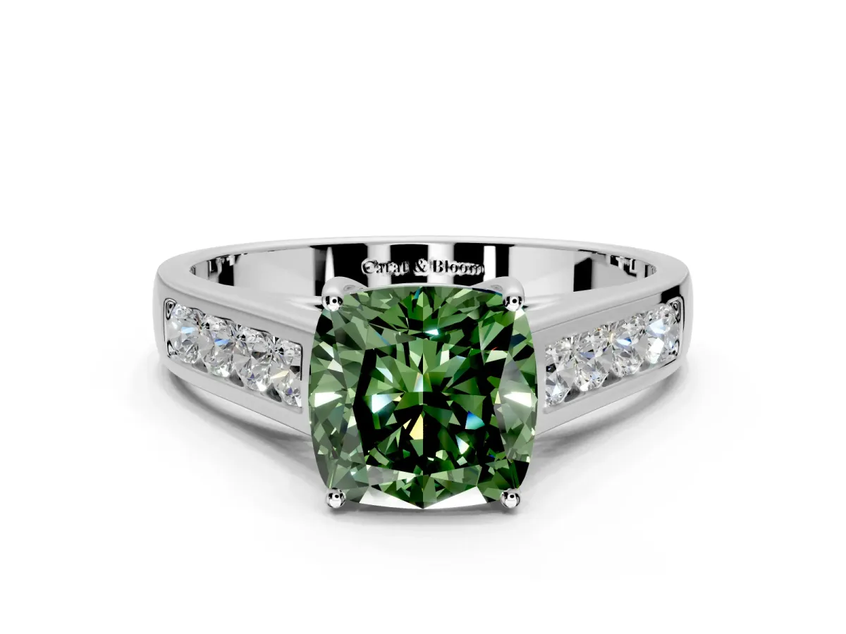Solitaire Engagement Ring Setting for Fancy Green Cushion Cut Center with Round Cut Channel Band and Prong Head in Sterling Silver