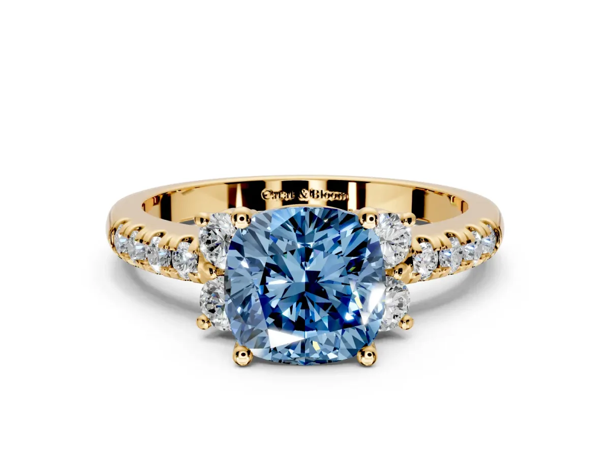 Paired Accent Engagement Ring Setting for Fancy Blue Cushion Cut Center with Pave Band and Prong Head in Yellow Gold