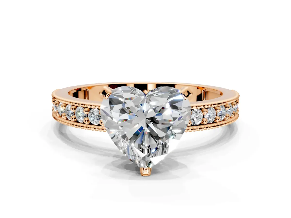 Milgrain Pave Engagement Ring Setting for Heart-Shaped Center with Accent Band and Prong Head in Rose Gold