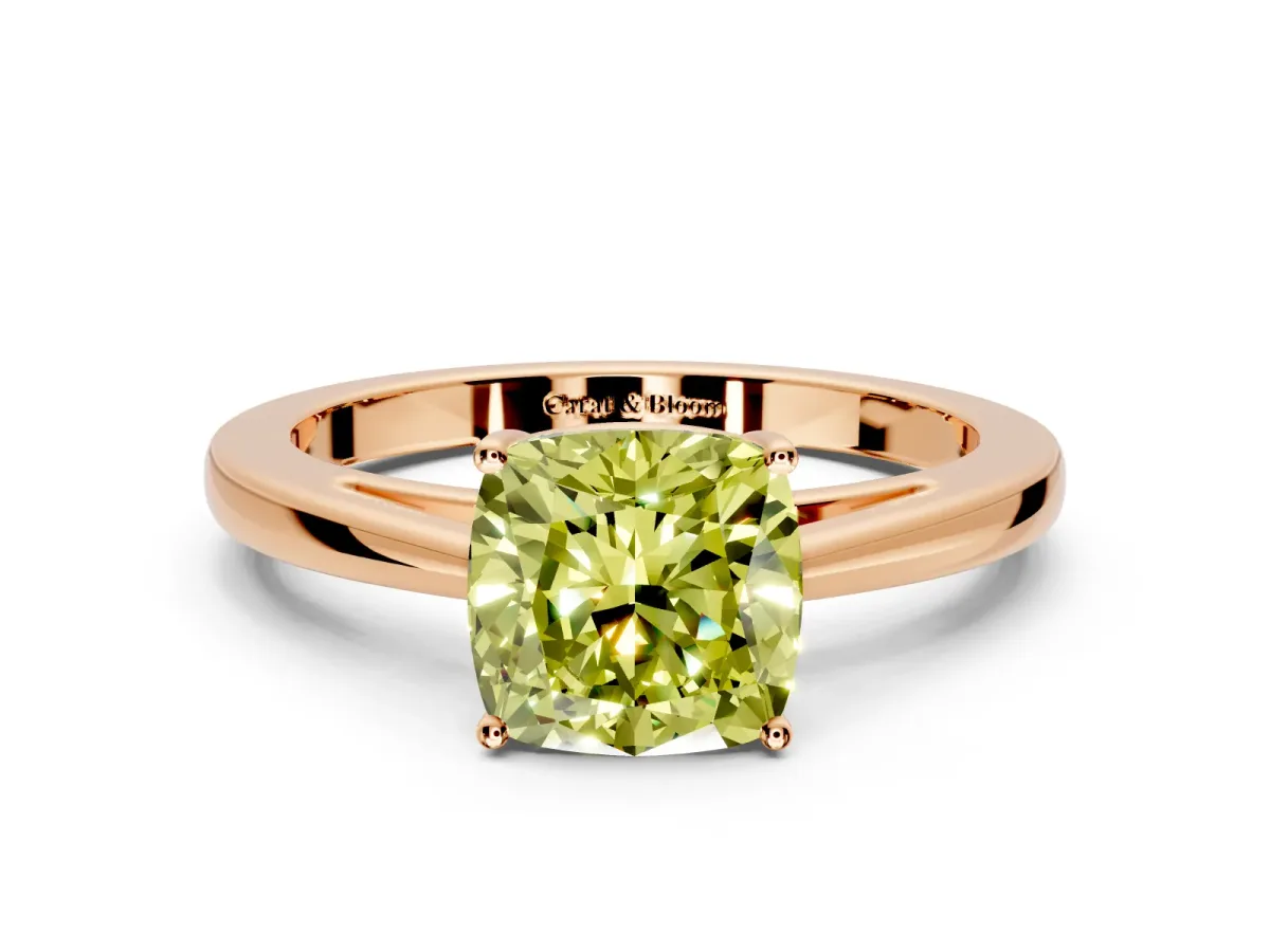Solitaire Engagement Ring Setting for Fancy Yellow Cushion Cut Center with Open Cathedral Shoulders and Prong Head in Rose Gold