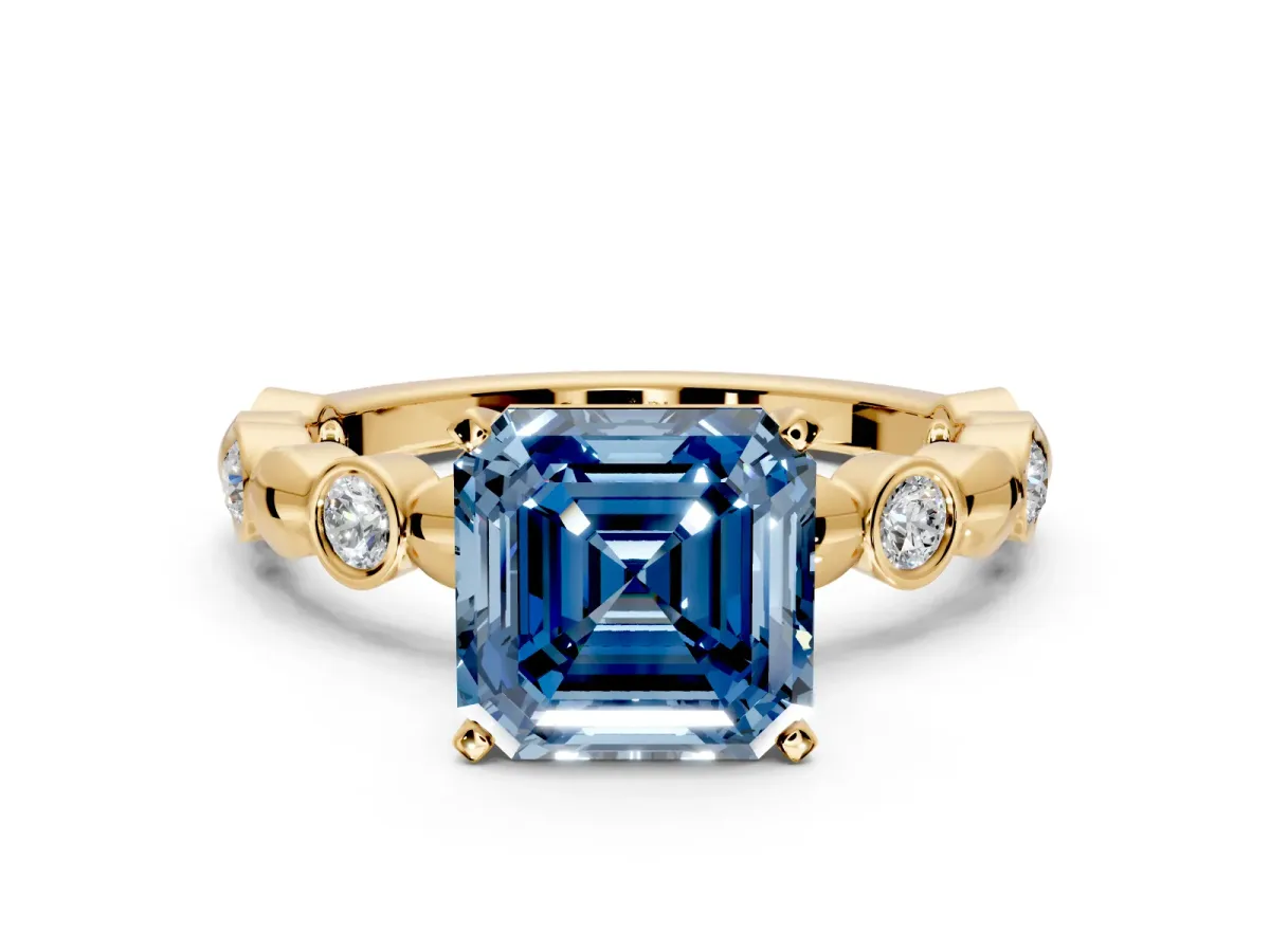 Solitaire Engagement Ring Setting for Fancy Blue Asscher Cut Center with Beaded Bezel Station Band and Prong Head in Yellow Gold
