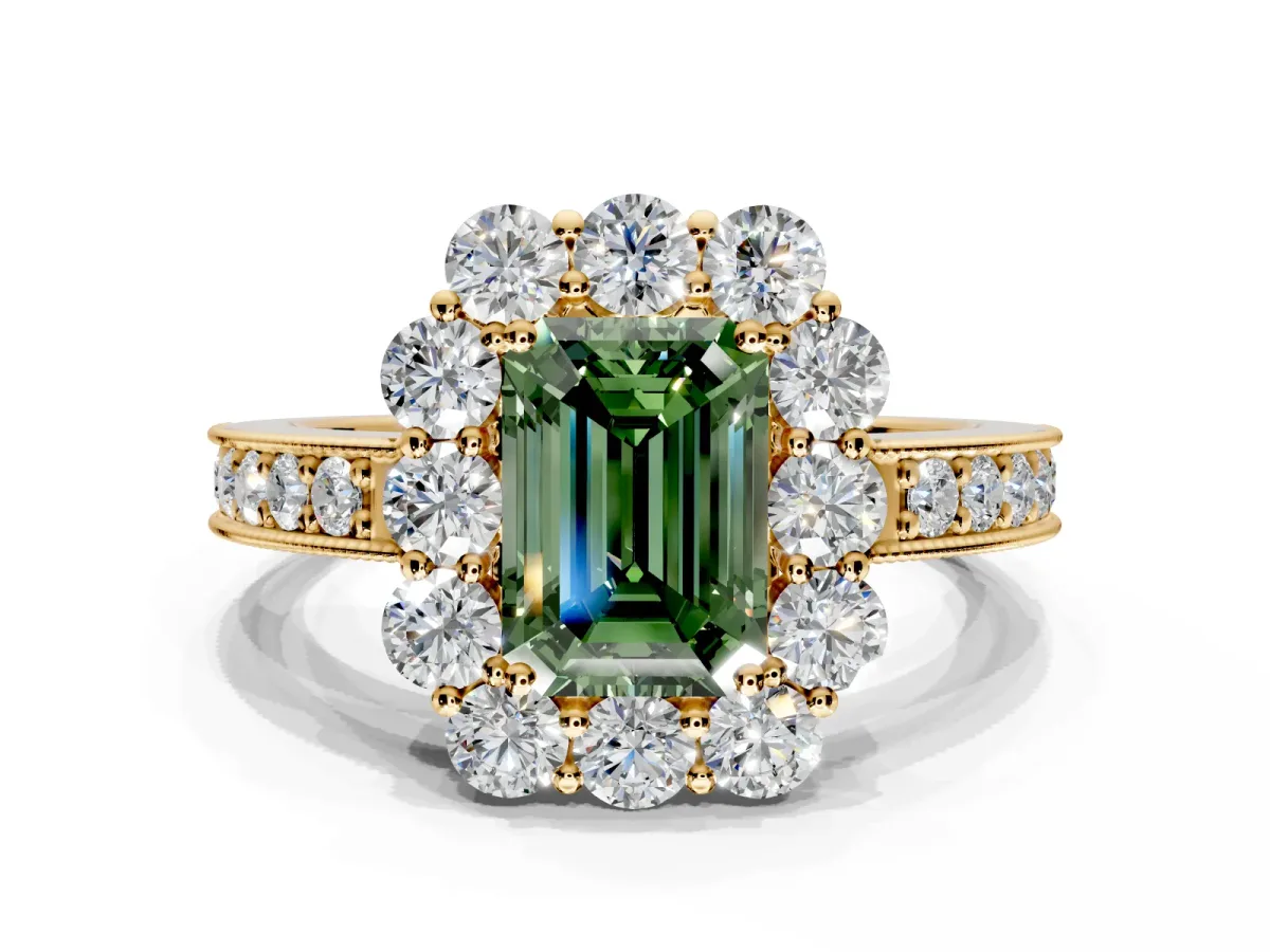 Halo Engagement Ring Setting for Fancy Green Emerald Cut Center with Milgrain Channel Band and Prong Head in Yellow Gold
