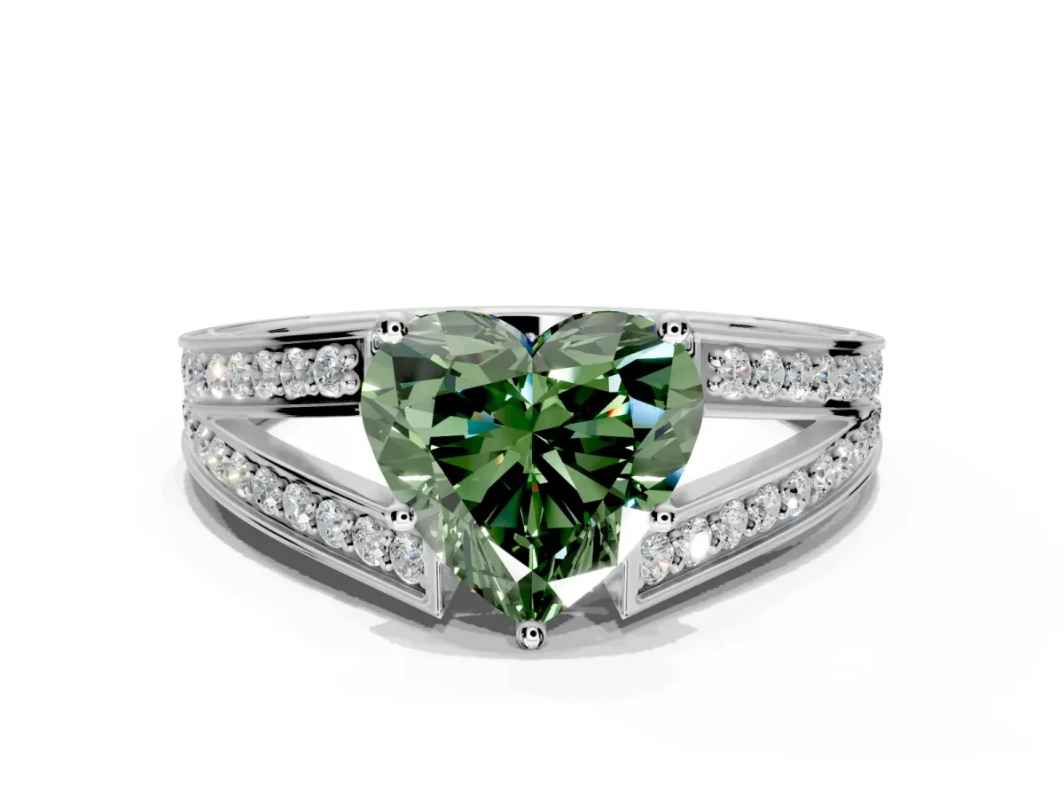 Split Shank Engagement Ring Setting for Fancy Green Heart-Shaped Center with Pave Split Shank and Prong Head in White Gold