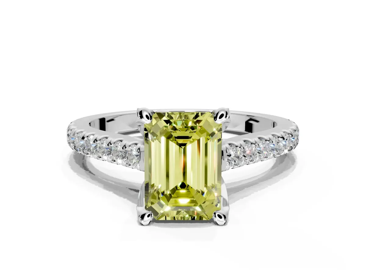 Solitaire Engagement Ring Setting for Fancy Yellow Emerald Cut Center with Widening Pave Band and Claw Prong Head in Platinum