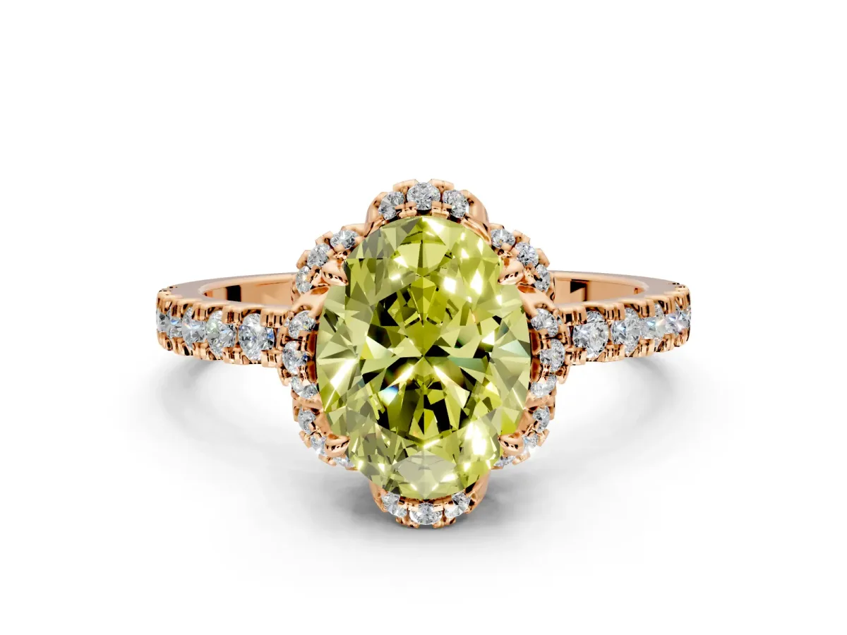 Halo Engagement Ring Setting for Fancy Yellow Oval Center with Openwork Halo, Pave Band and Prong Head in Rose Gold