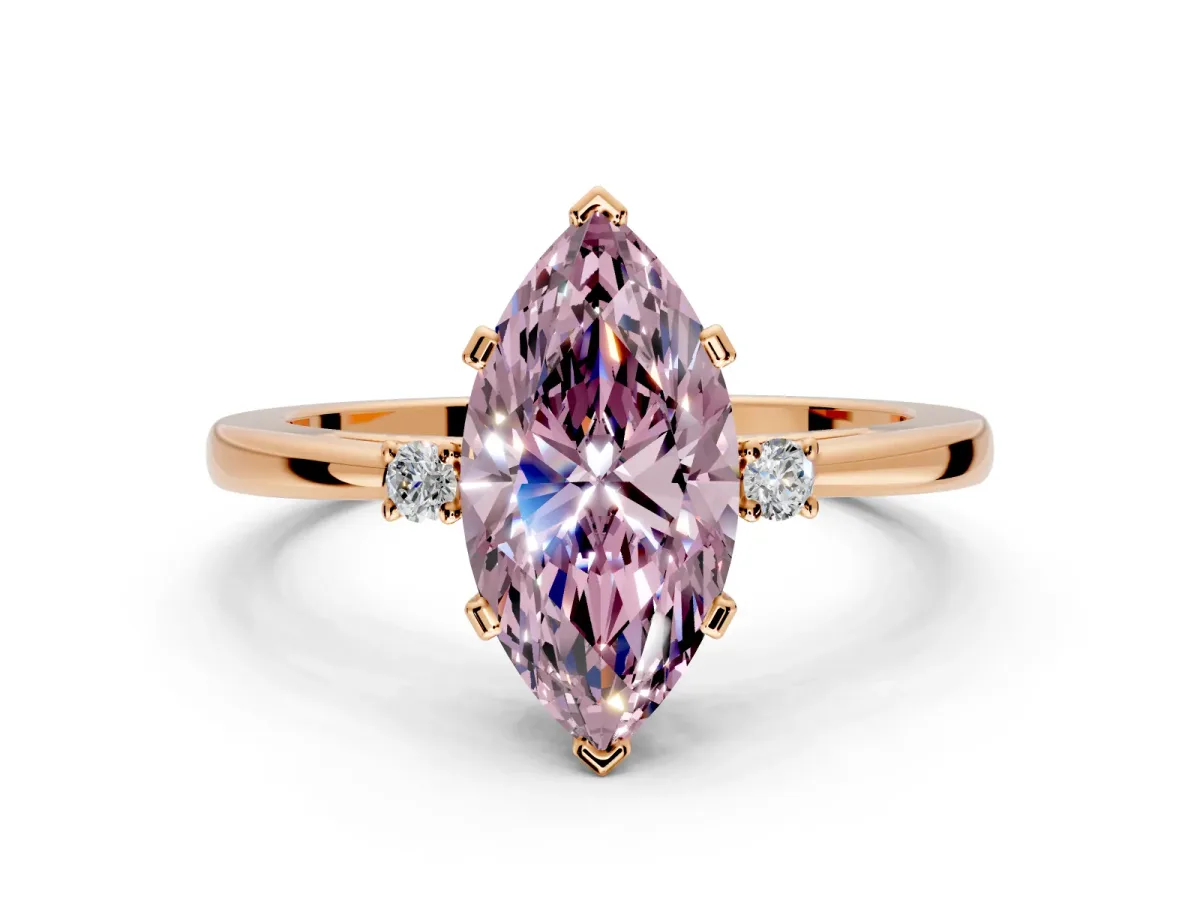 3 Stone Engagement Ring Setting for Fancy Pink Marquise Center with Low-Set Round Cut Accents and Prong Head in Rose Gold