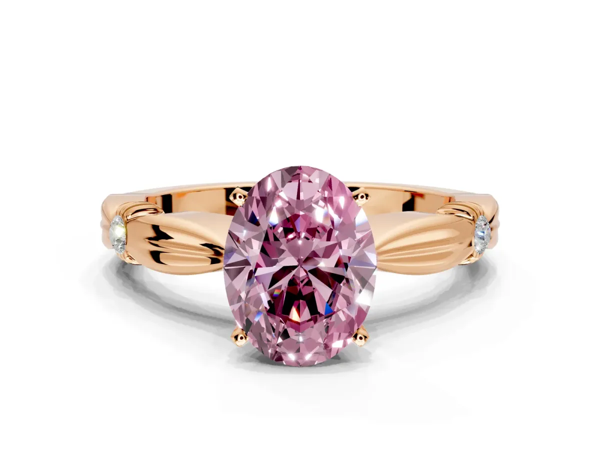 Solitaire Engagement Ring Setting for Fancy Pink Oval Center with Carved Leaf Shoulders and Prong Head in Rose Gold