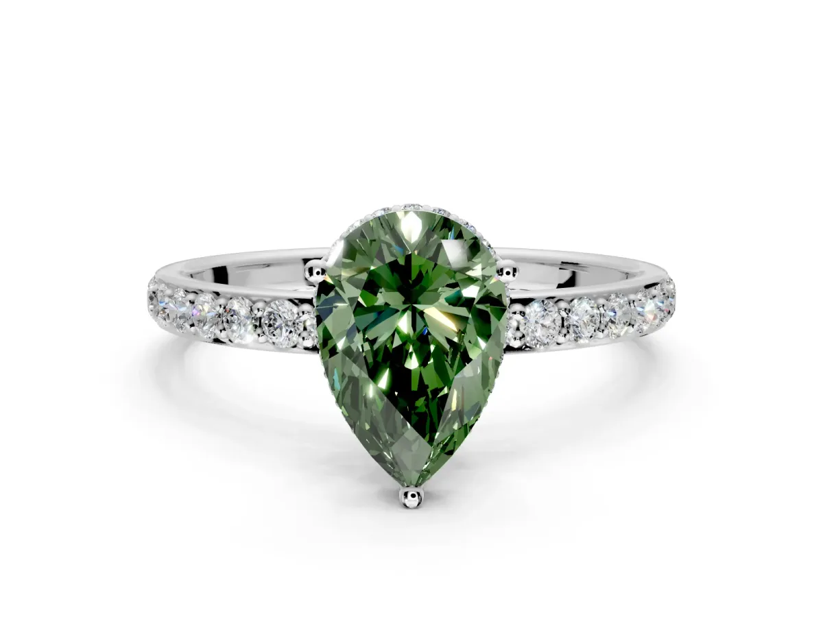 Hidden Halo Engagement Ring Setting for Fancy Green Pear-Shaped Center with Pave Band and Prong Head in Sterling Silver