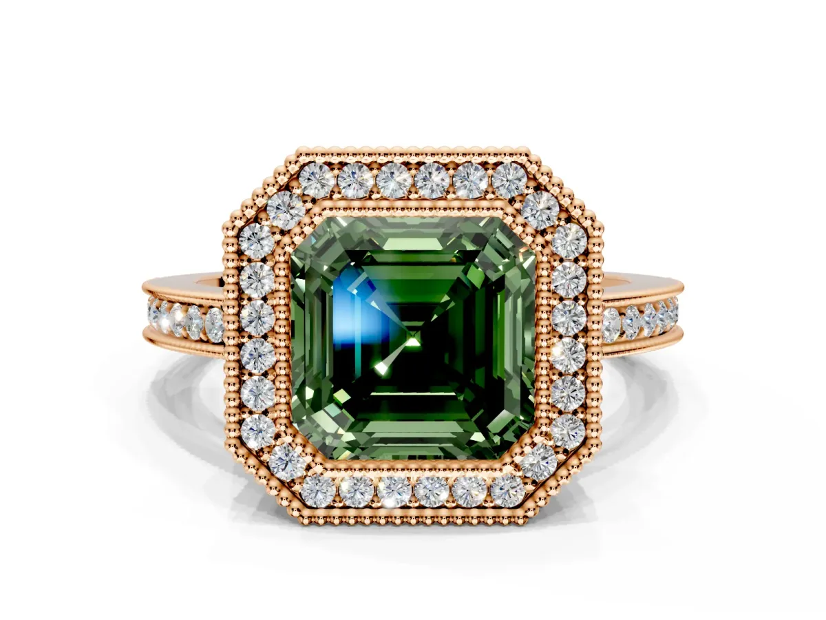 Halo Engagement Ring Setting for Fancy Green Asscher Cut Center with Milgrain Halo, Pave Band and Prong Head in Rose Gold
