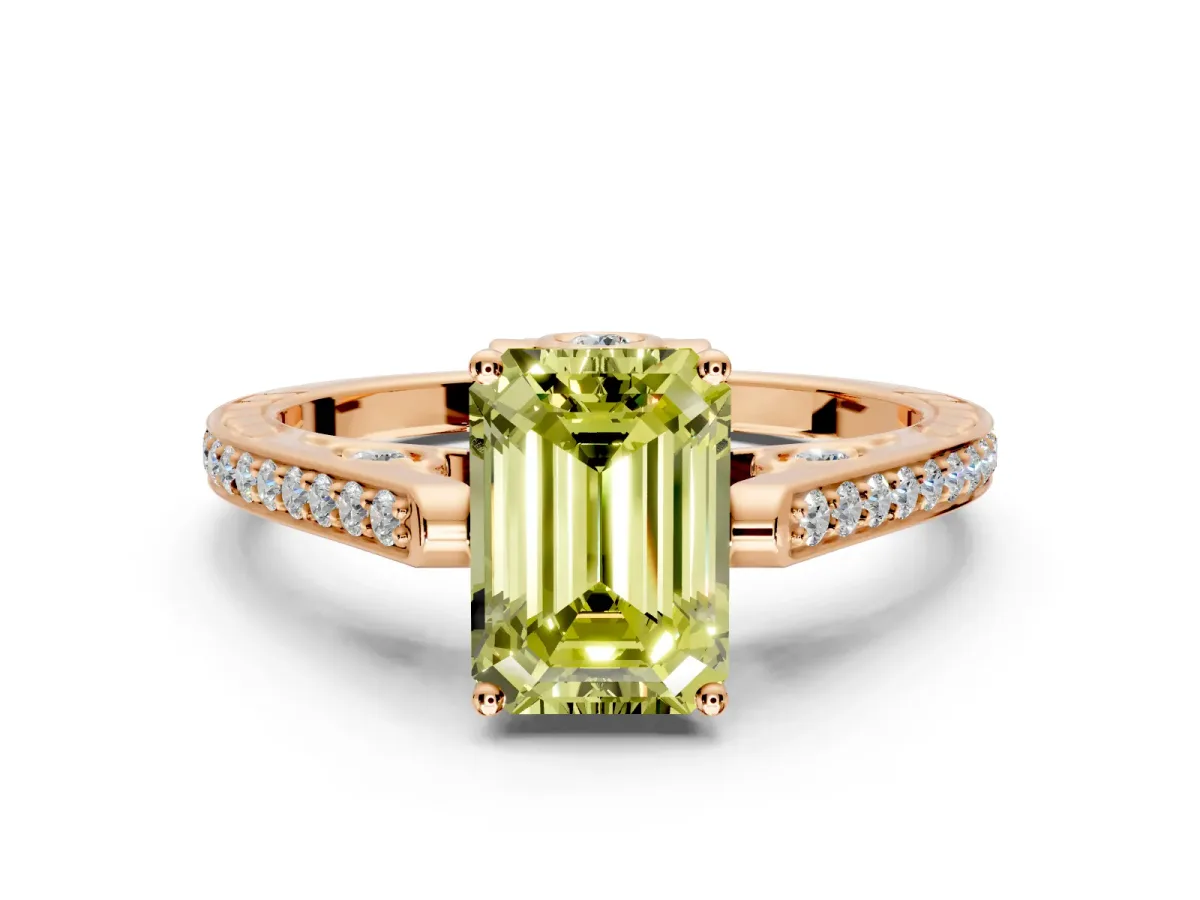Cathedral Engagement Ring Setting for Fancy Yellow Emerald Cut Center with Antique-Style Pave Band and Prong Head in Rose Gold