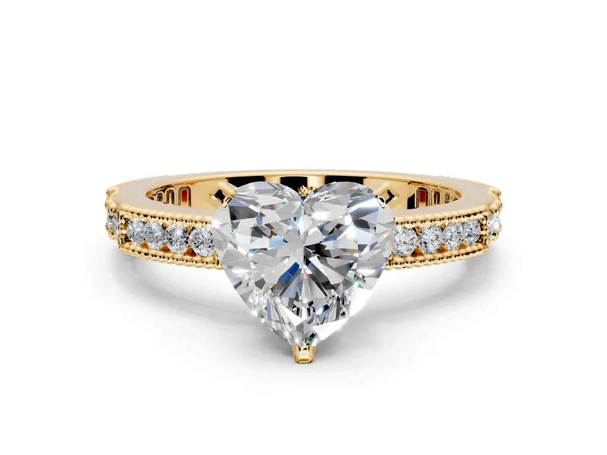 Solitaire Engagement Ring Setting for Heart-Shaped Center with Milgrain-Edged Pave Band and Prong Head in Yellow Gold