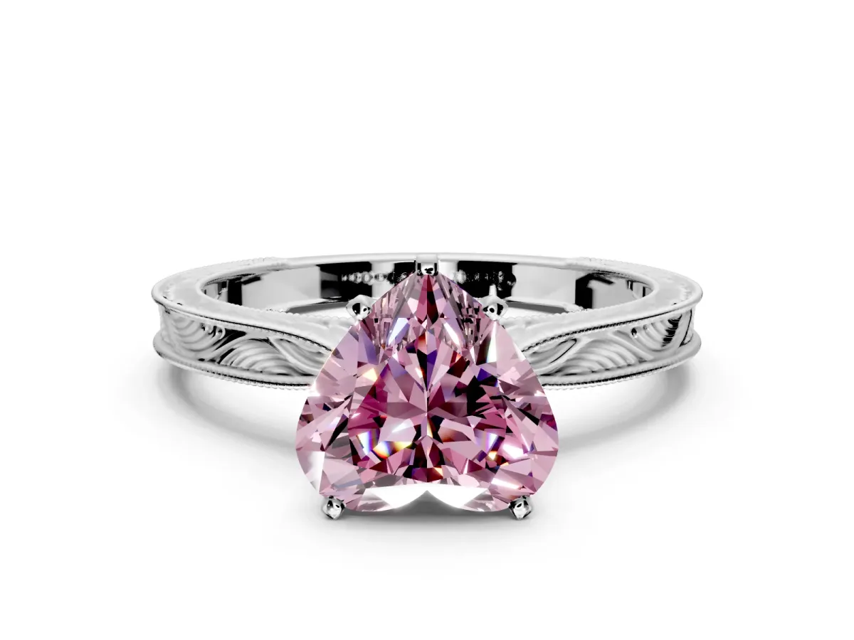 Solitaire Engagement Ring Setting for Fancy Pink Heart-Shaped Center with Engraved Milgrain Band and Prong Head in Sterling Silver