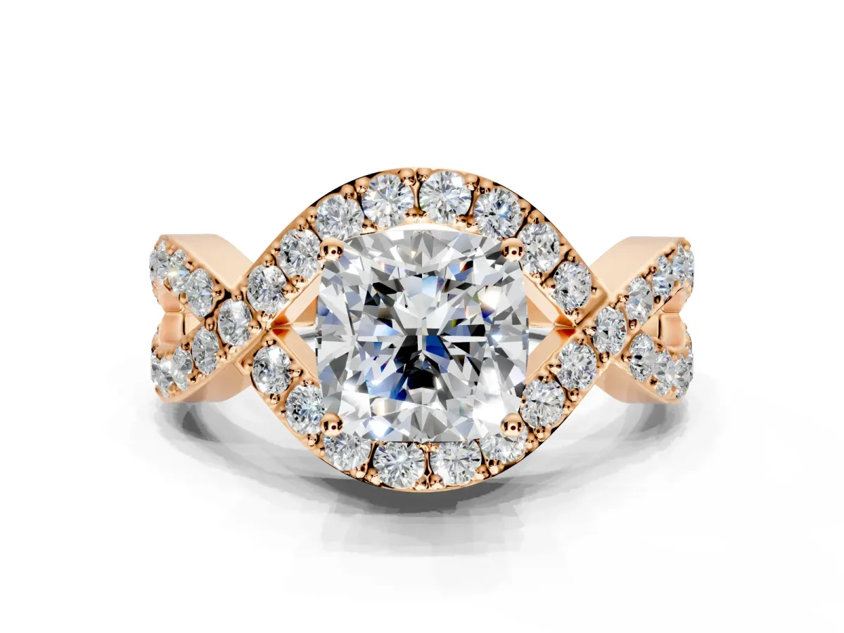 Halo Engagement Ring Setting for Cushion Cut Center with Pave Infinity Twist Band and Prong Head in Rose Gold