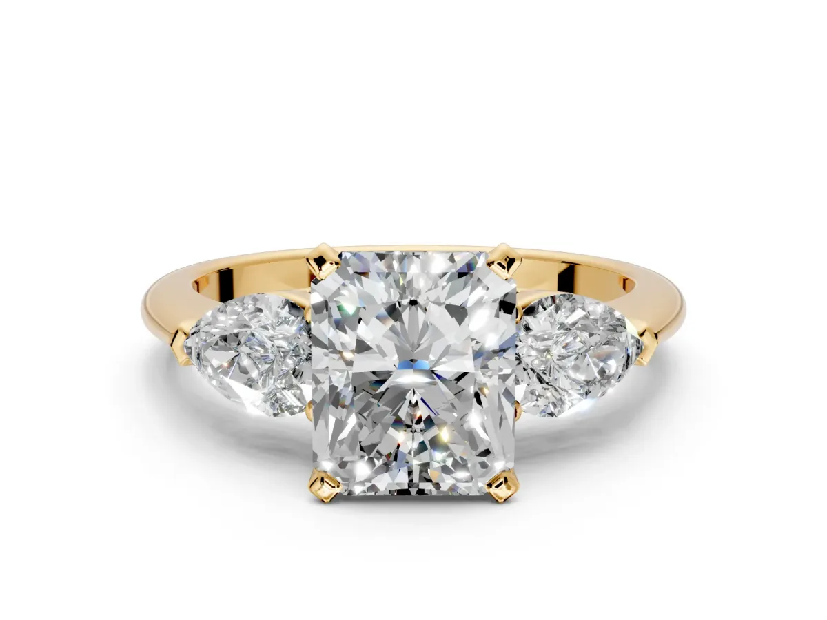 3 Stone Engagement Ring Setting for Radiant Cut Center with Large Pear-Shaped Accents and Prong Head in Yellow Gold
