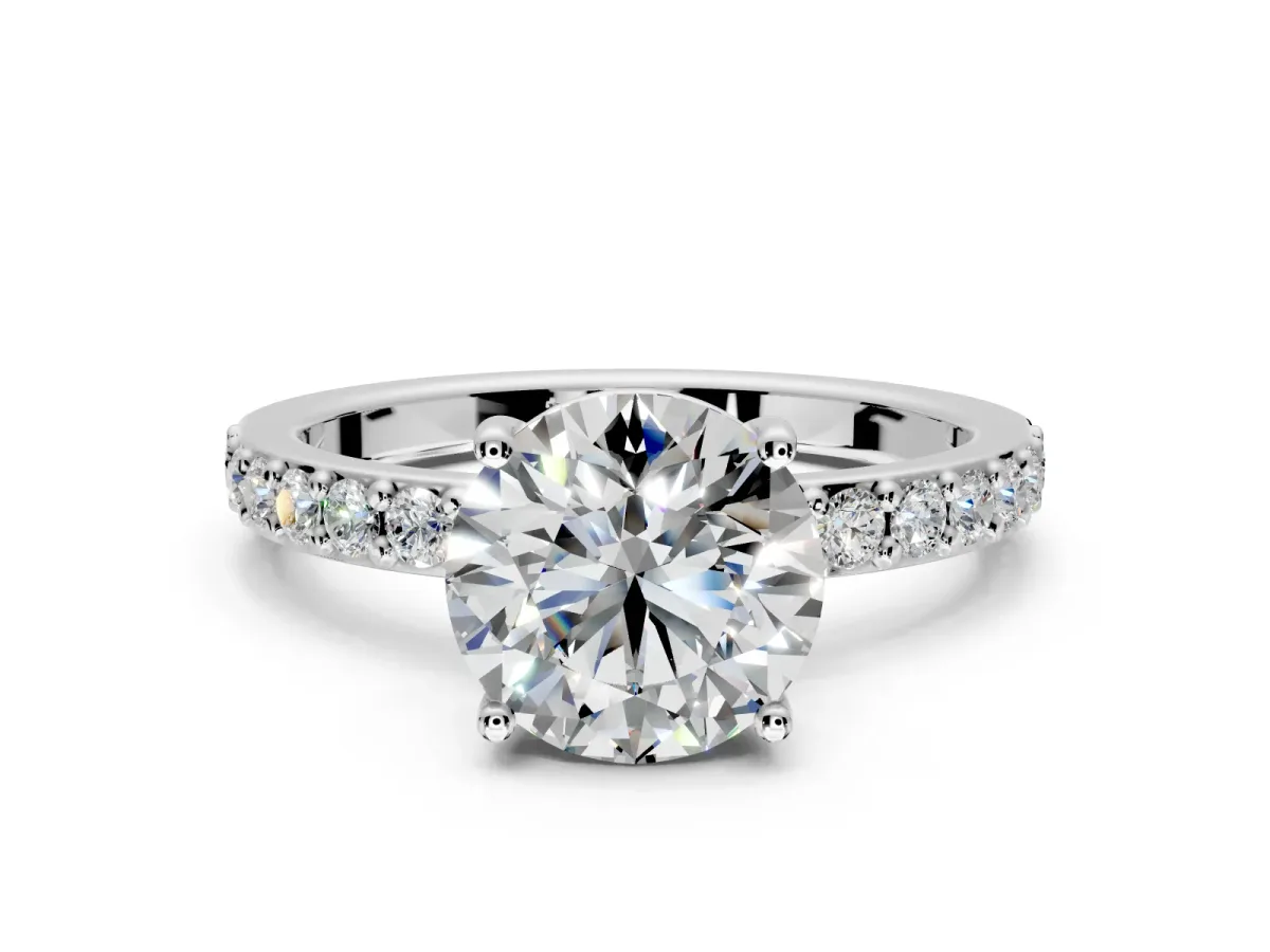 Solitaire Engagement Ring Setting for Round Cut Center with Round Cut Pave Band and Prong Head in Sterling Silver