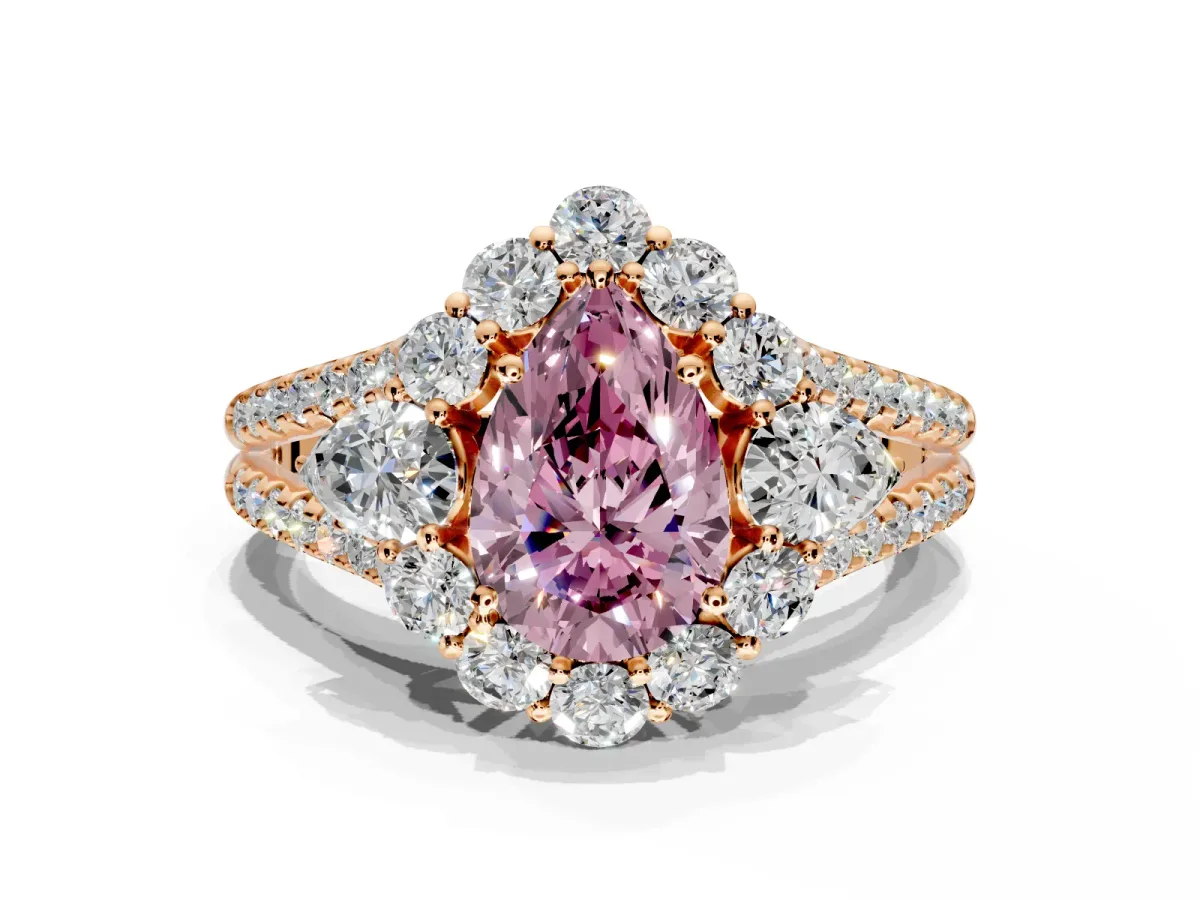 Halo Engagement Ring Setting for Fancy Pink Pear-Shaped Center with Two-Strand Split Shank and Prong Head in Rose Gold