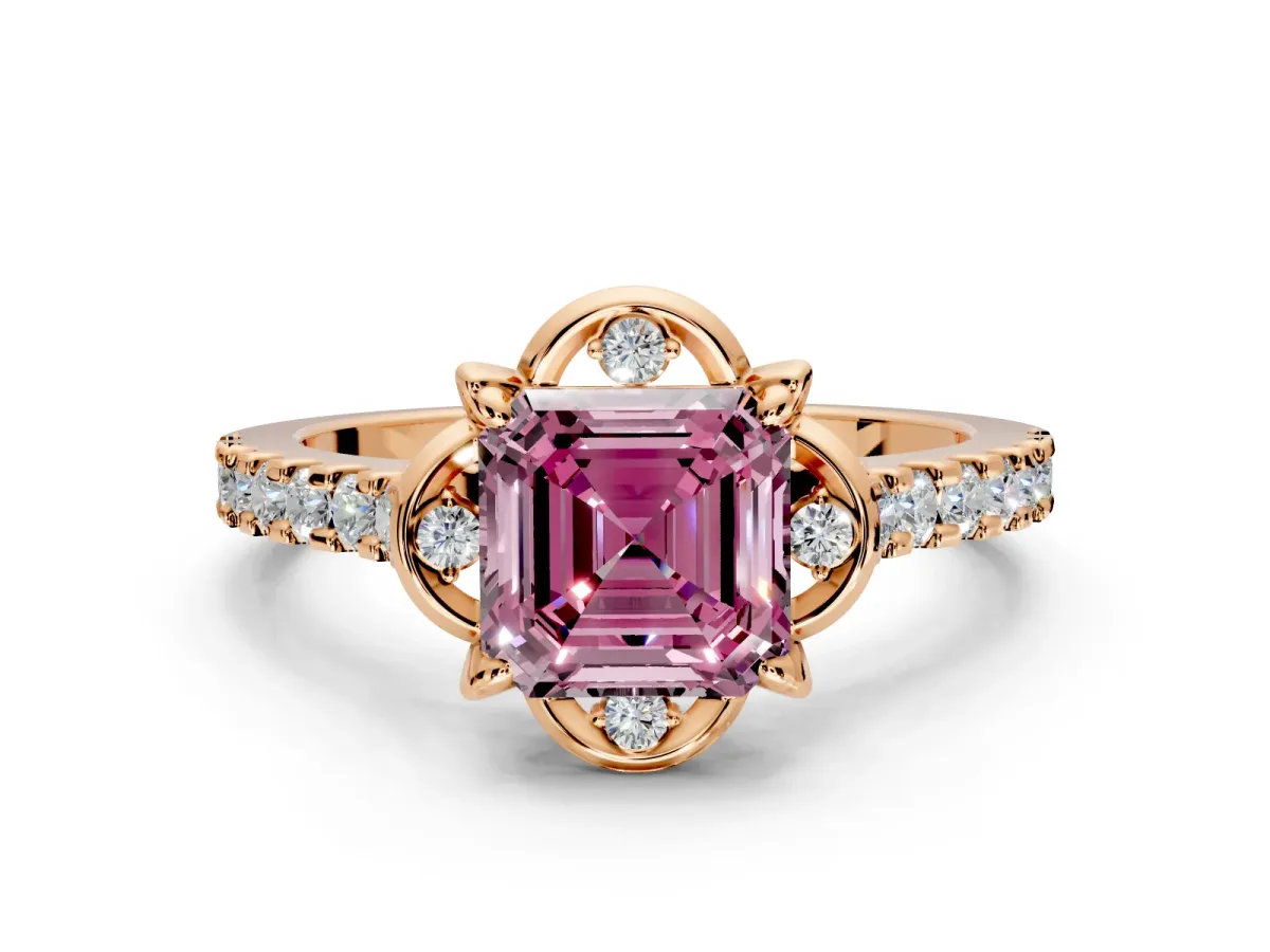 Floral Engagement Ring Setting for Fancy Pink Asscher Cut Center with Pave Band and Floral Prong Head in Rose Gold