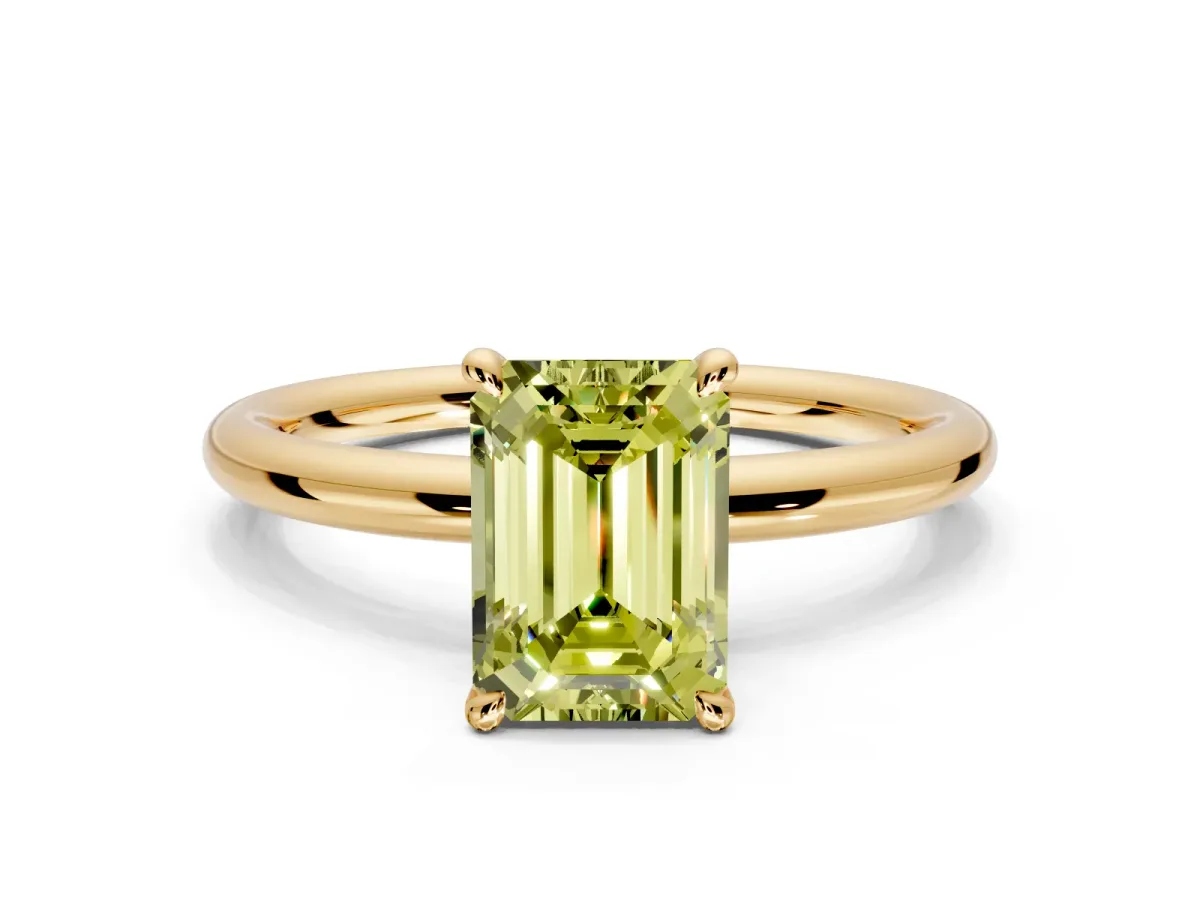 Hidden Halo Engagement Ring Setting for Fancy Yellow Emerald Cut Center with Thin Rounded Band and Prong Head in Yellow Gold