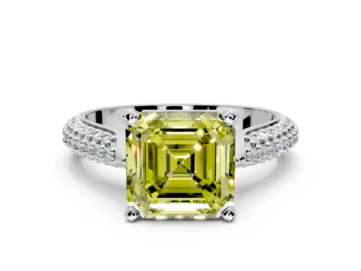 Solitaire Engagement Ring Setting for Fancy Yellow Asscher Cut Center with Multi-Row Accents and Prong Head in Sterling Silver