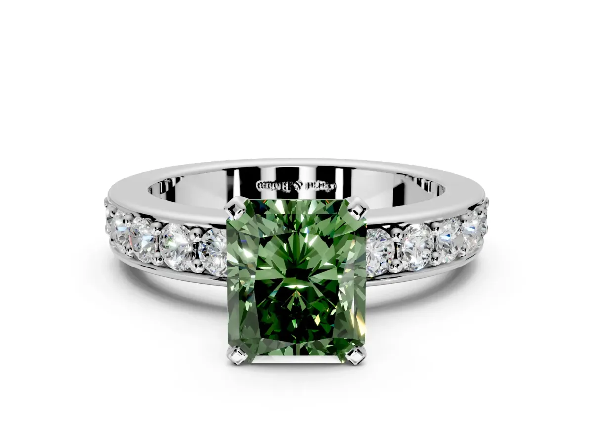 Solitaire Engagement Ring Setting for Fancy Green Radiant Cut Center with Channel-Set Accents and Prong Head in Platinum