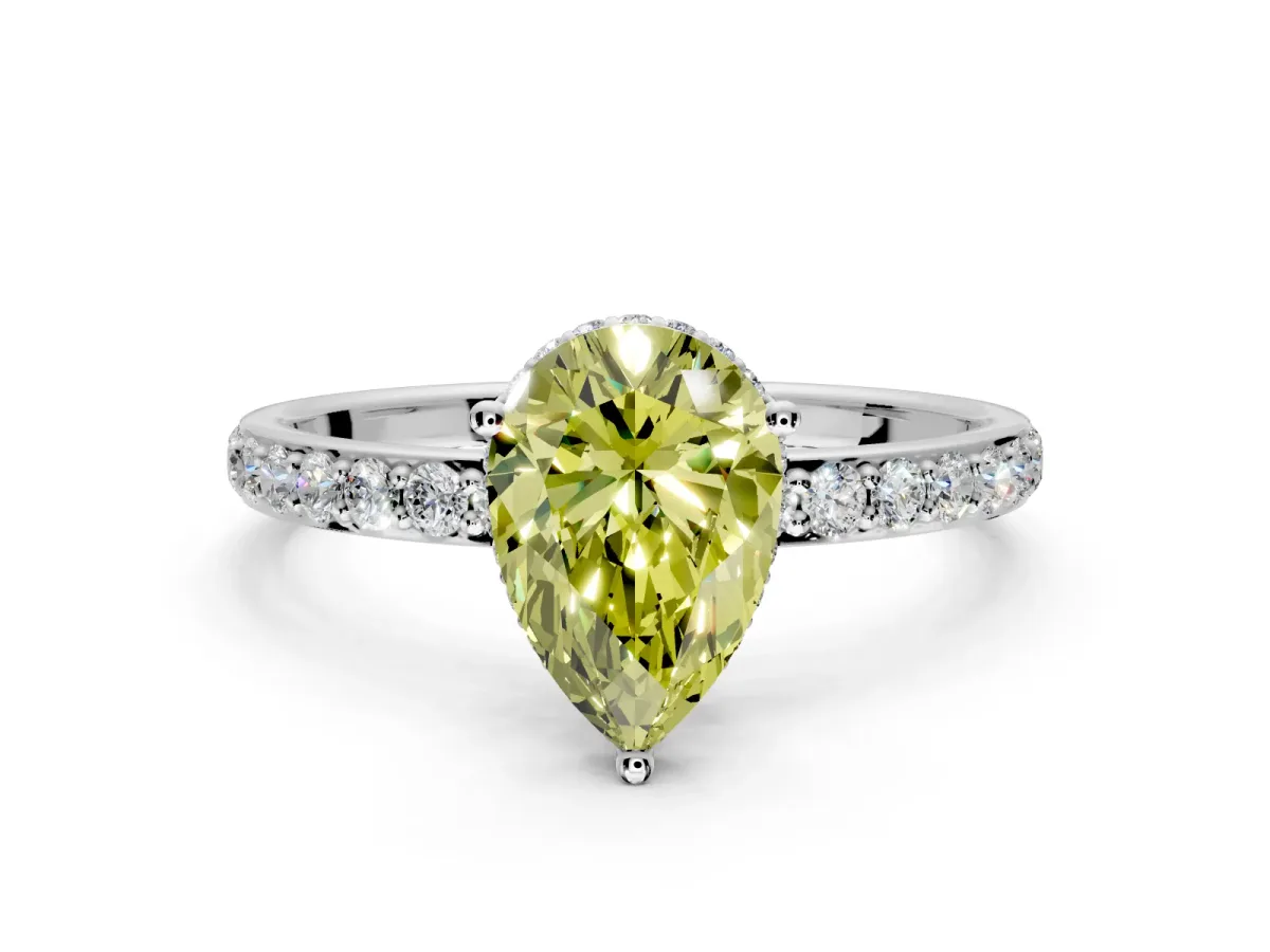 Hidden Halo Engagement Ring Setting for Fancy Yellow Pear-Shaped Center with Pave Band and Prong Head in Platinum