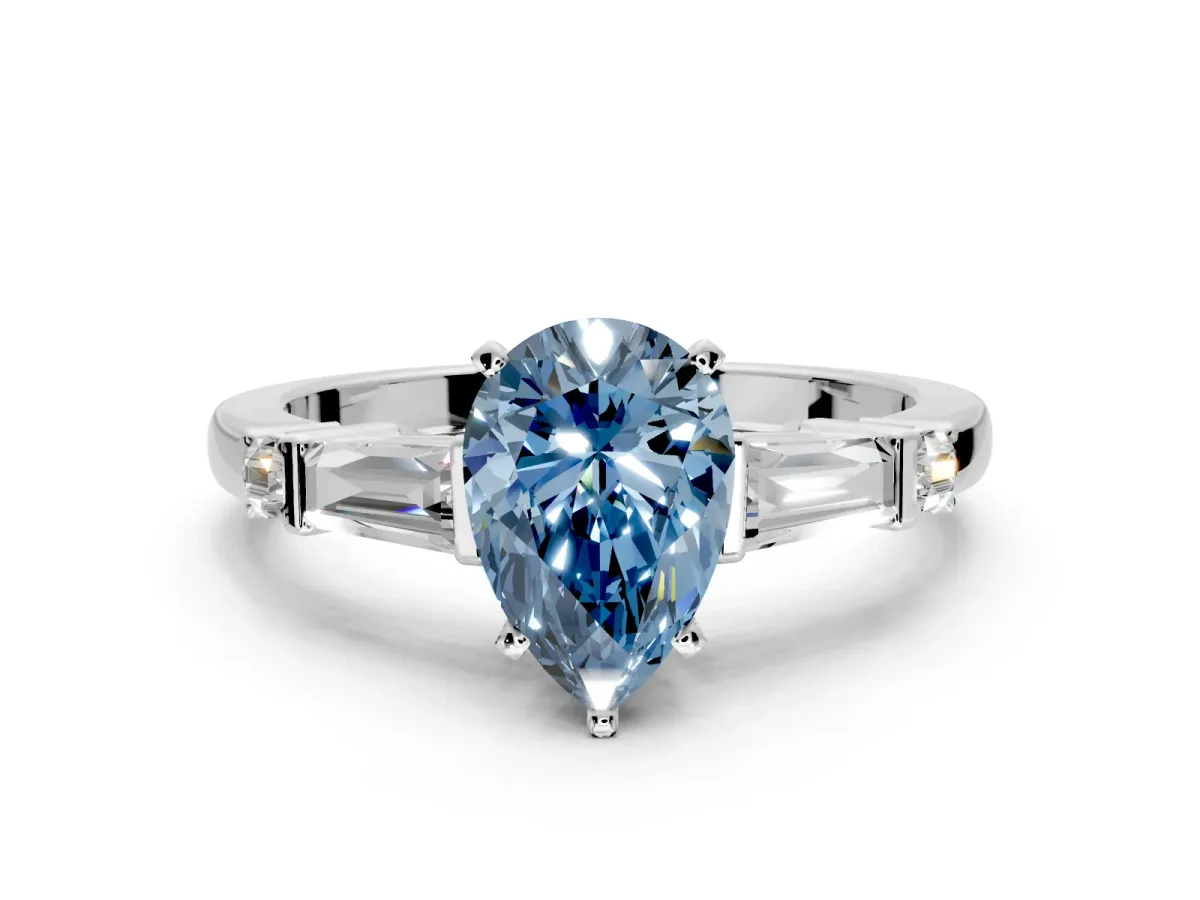 Bar-Set Engagement Ring Setting for Fancy Blue Pear-Shaped Center with Tapered Baguette Accents and Prong Head in White Gold