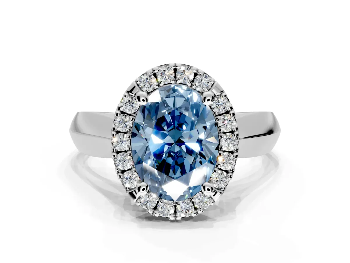 Halo Engagement Ring Setting for Fancy Blue Oval Center with Square Band and Prong Head in Platinum