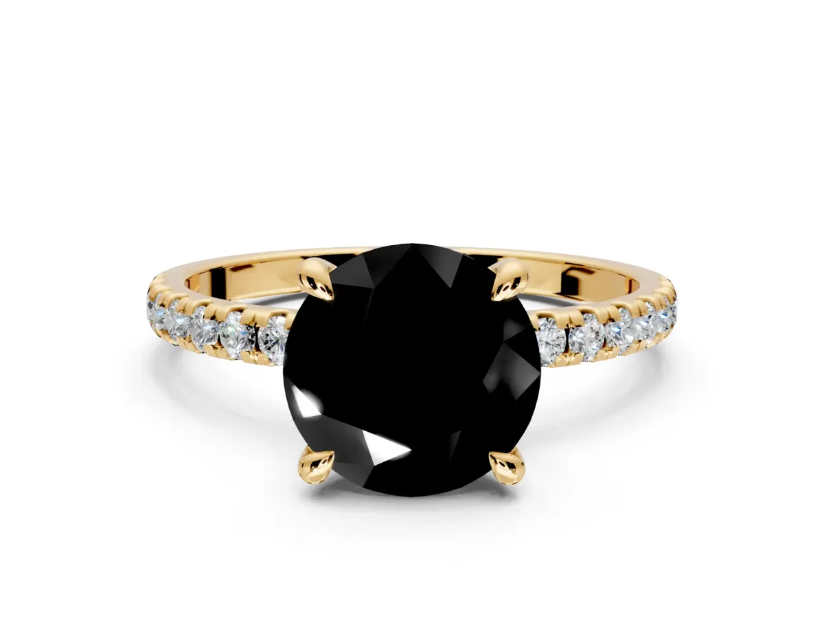 Solitaire Engagement Ring Setting for Fancy Black Round Cut Center with Fine Pave Narrow Band and Prong Head in Yellow Gold