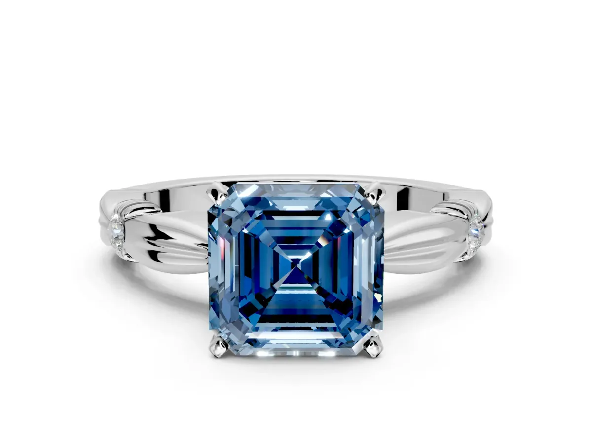 Solitaire Engagement Ring Setting for Fancy Blue Asscher Cut Center with Carved Leaf Shoulders and Prong Head in Sterling Silver