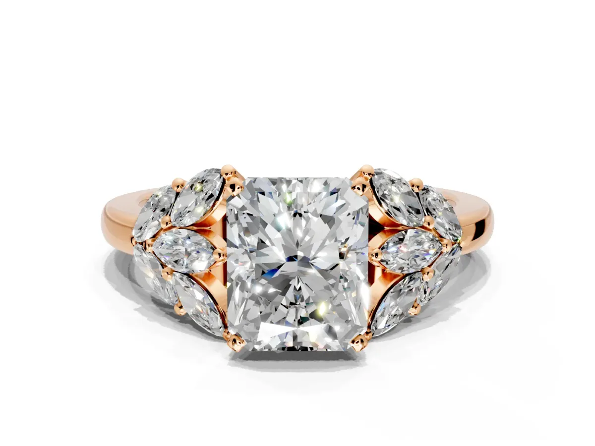 Leaf Cluster Engagement Ring Setting for Radiant Cut Center with Marquise Accents and Prong Head in Rose Gold