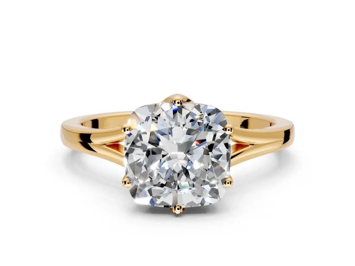 Solitaire Engagement Ring Setting for Cushion Cut Center with Plain Split Shank and Prong Head in Yellow Gold
