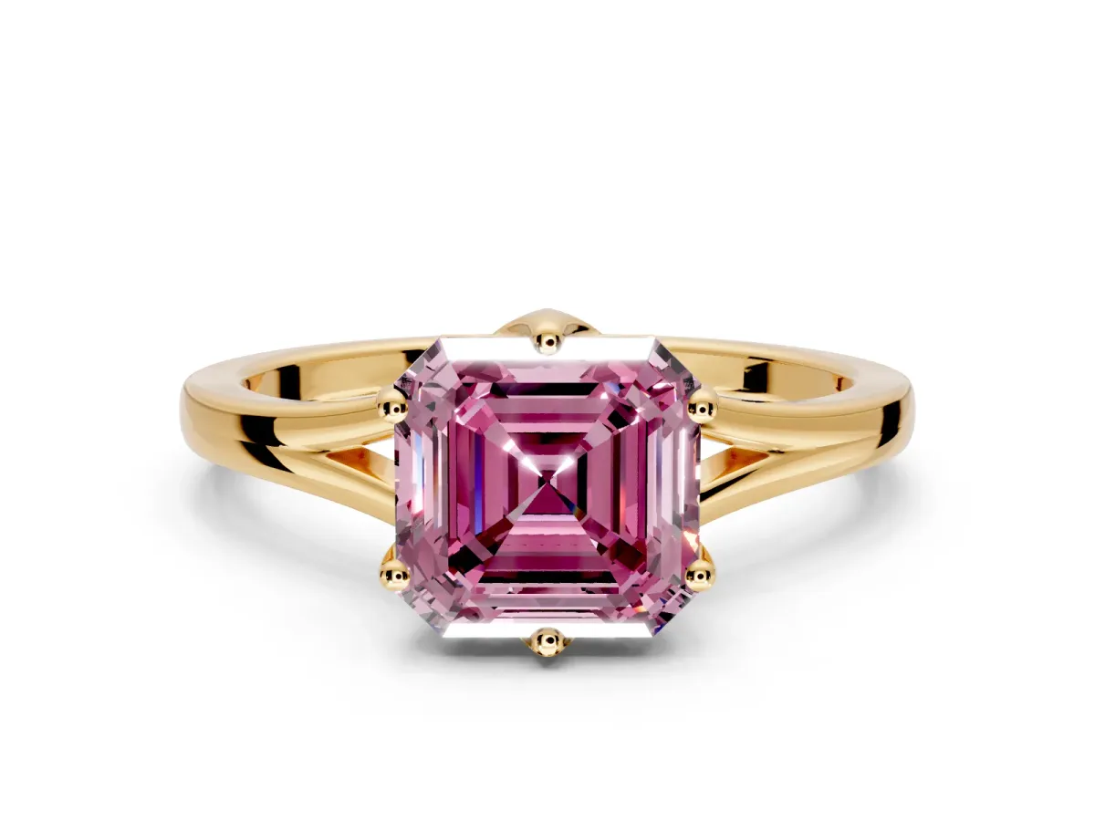 Solitaire Engagement Ring Setting for Fancy Pink Asscher Cut Center with Plain Split Shank and Prong Head in Yellow Gold