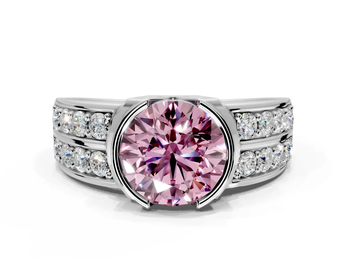 Bezel Engagement Ring Setting for Fancy Pink Round Cut Center with Wide Channel-Set Band and Bezel Head in Sterling Silver