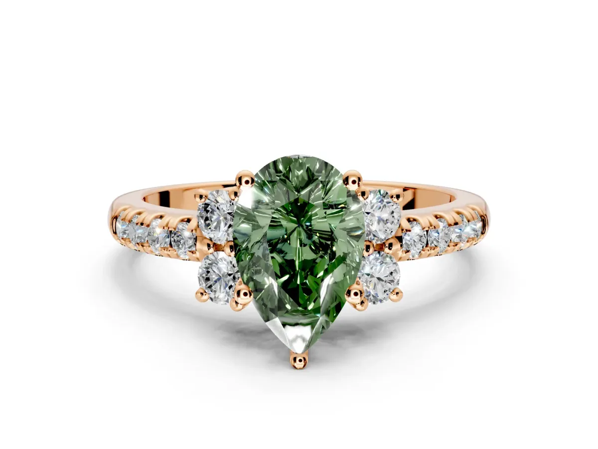 Paired Accent Engagement Ring Setting for Fancy Green Pear-Shaped Center with Pave Band and Prong Head in Rose Gold