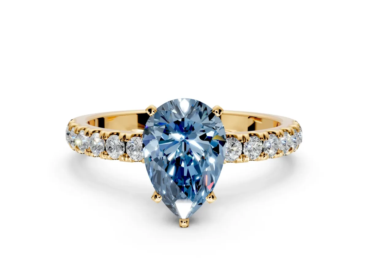 Open Basket Engagement Ring Setting for Fancy Blue Pear-Shaped Center with Pave Band and Prong Head in Yellow Gold