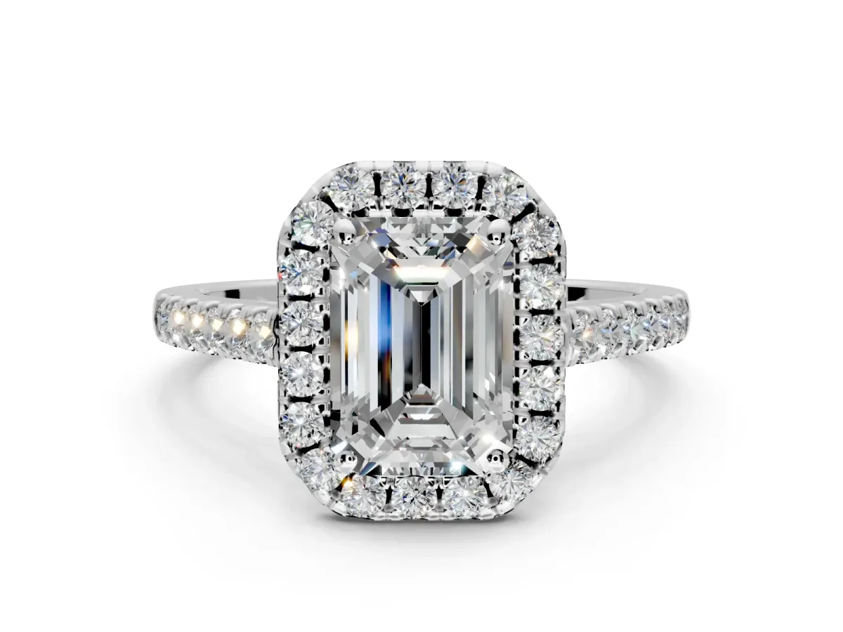 Halo Engagement Ring Setting for Emerald Cut Center with Narrowing Pave Band and Prong Head in Sterling Silver