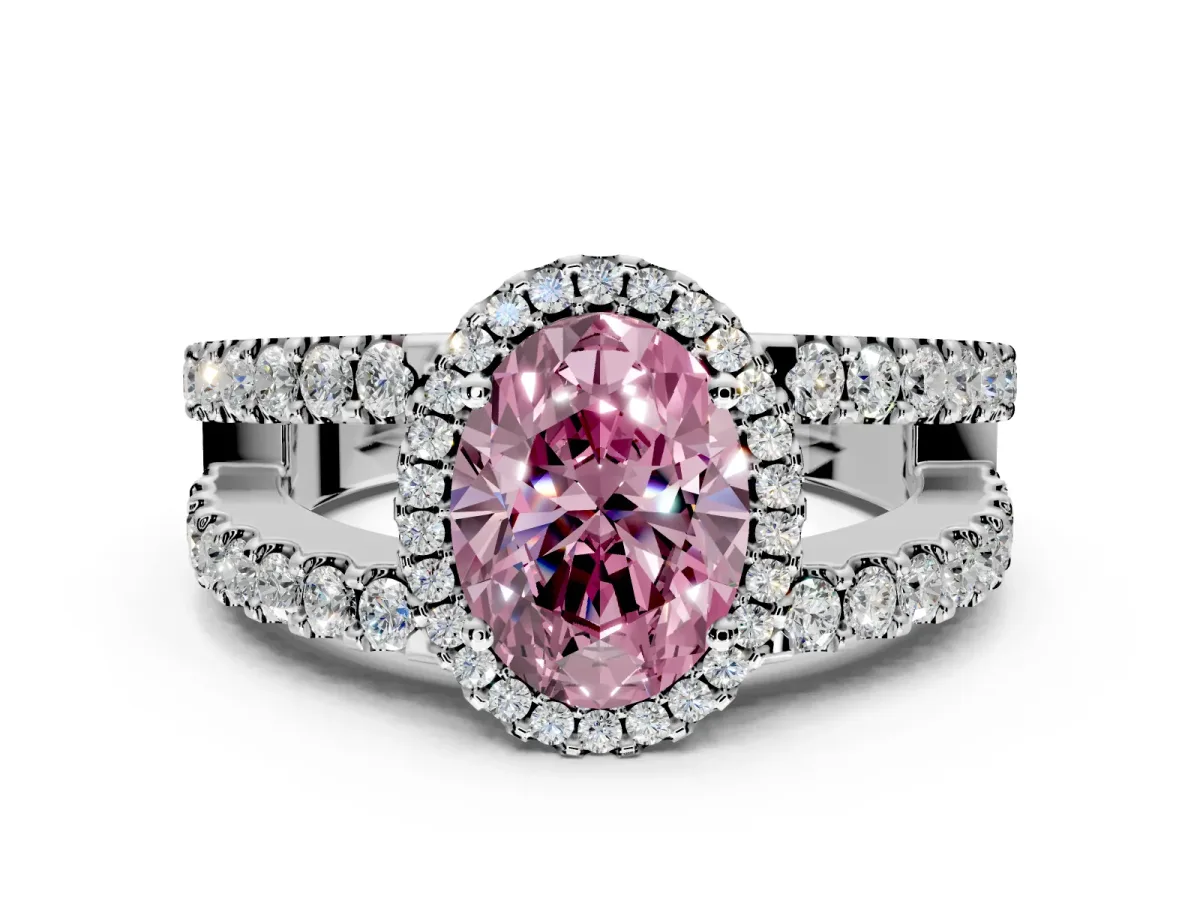 Halo Engagement Ring Setting for Fancy Pink Oval Center with Wide-Open Pave Split Shank and Prong Head in Sterling Silver