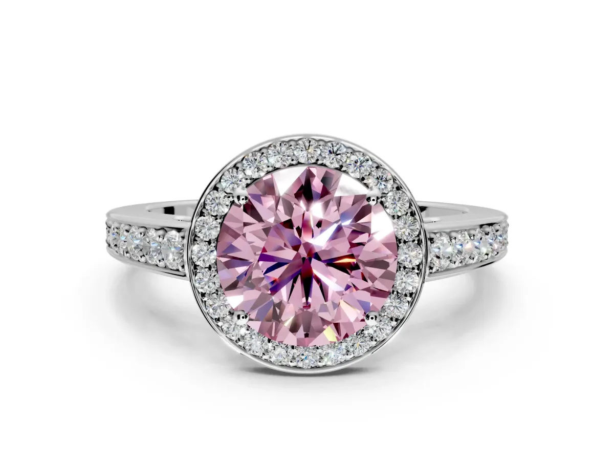 Bezel-Framed Halo Engagement Ring Setting for Fancy Pink Round Cut Center with Pave Band and Prong Head in Sterling Silver