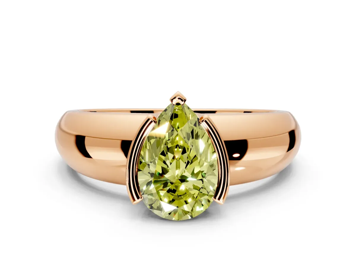 Tension Engagement Ring Setting for Fancy Yellow Pear-Shaped Center with Wide Flat Band and Tension Head in Rose Gold