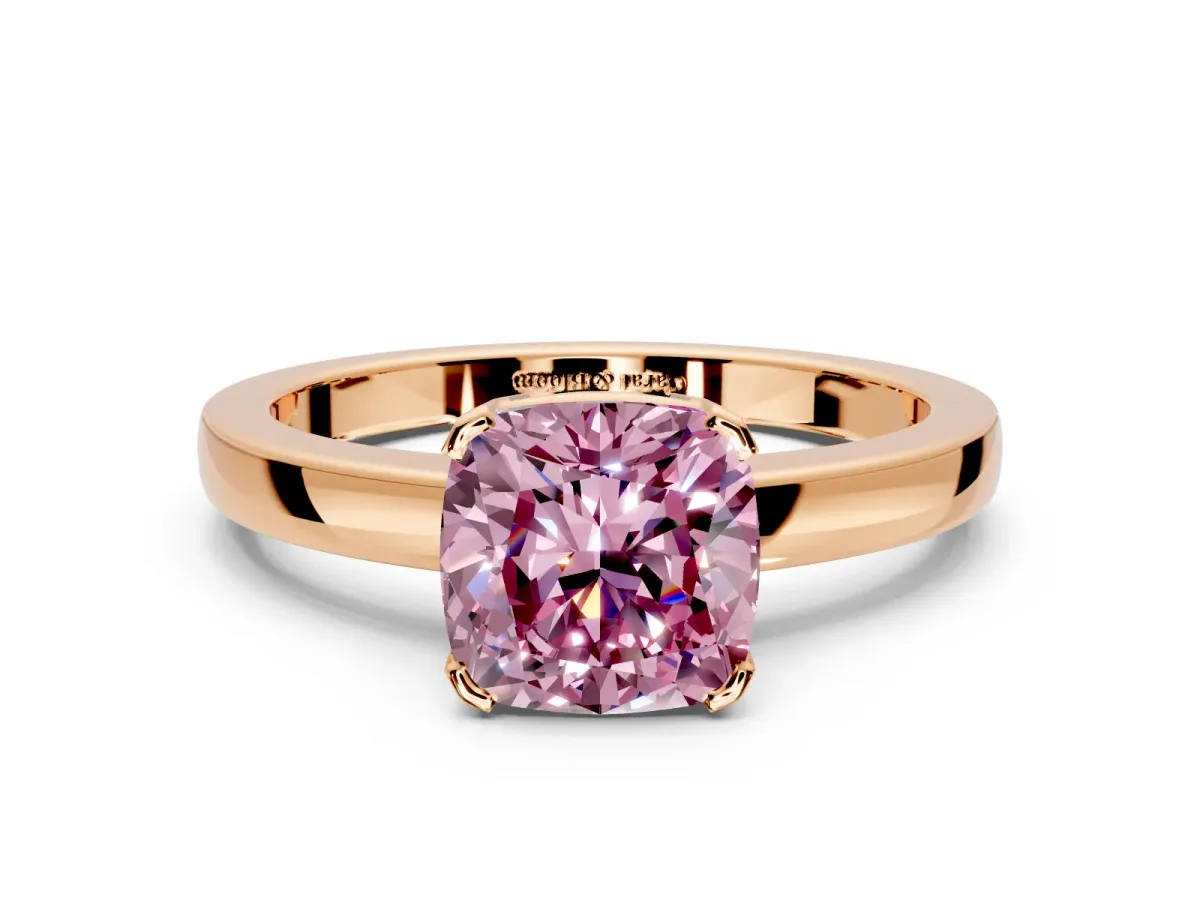 Solitaire Engagement Ring Setting for Fancy Pink Cushion Cut Center with Plain Band and Flat Tab Prong Head in Rose Gold
