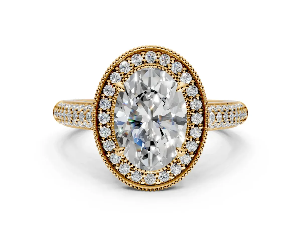 Milgrain Halo Engagement Ring Setting for Oval Center with Three-Sided Pave Band and Prong Head in Yellow Gold