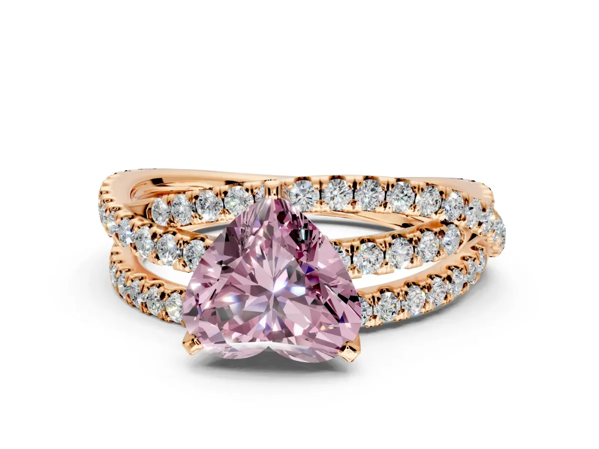 Solitaire Engagement Ring Setting for Fancy Pink Heart-Shaped Center with Woven 3-Strand Pave Band and Prong Head in Rose Gold