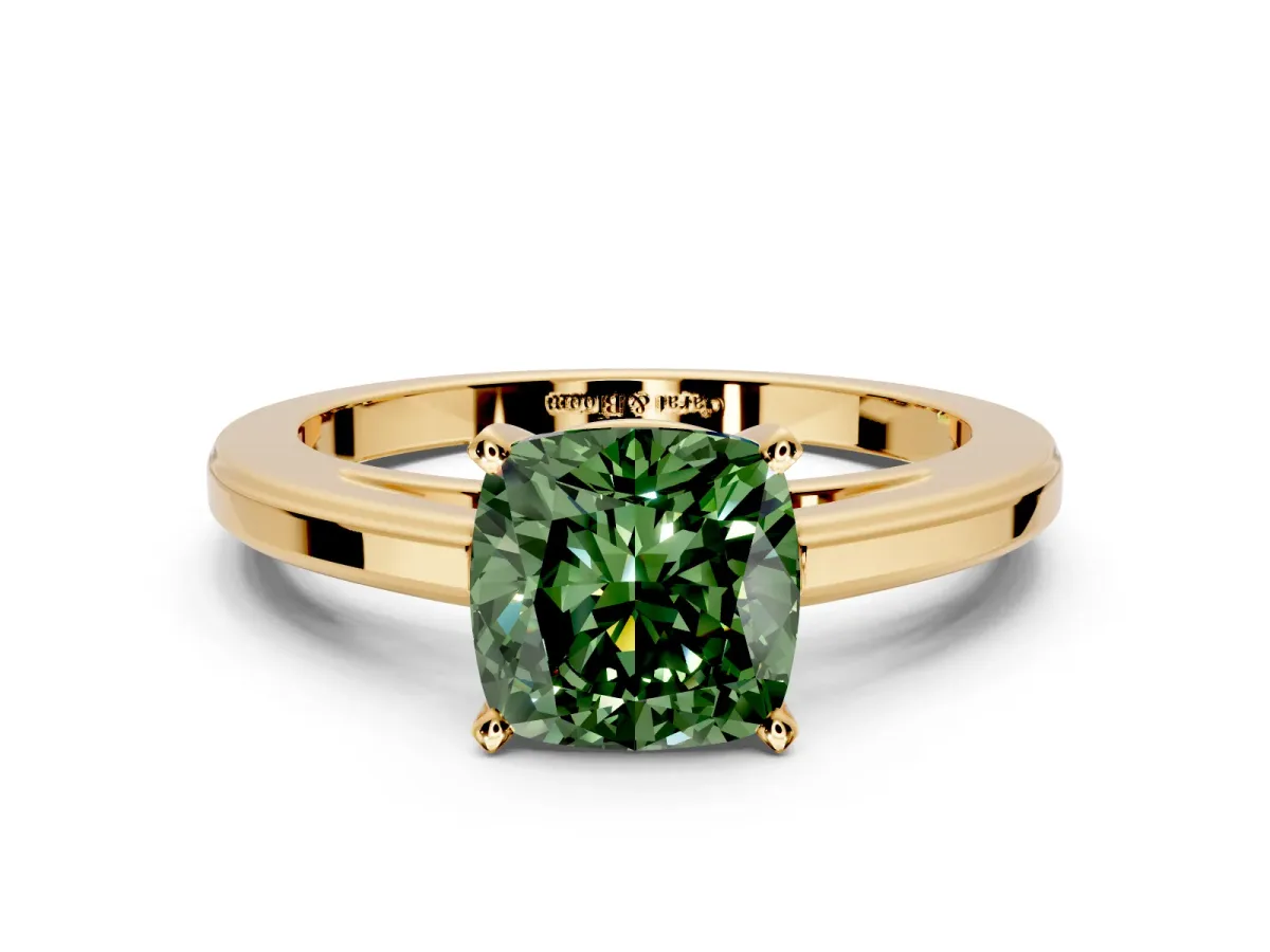 Solitaire Engagement Ring Setting for Fancy Green Cushion Cut Center with Flat-Sided Plain Band and Prong Head in Yellow Gold
