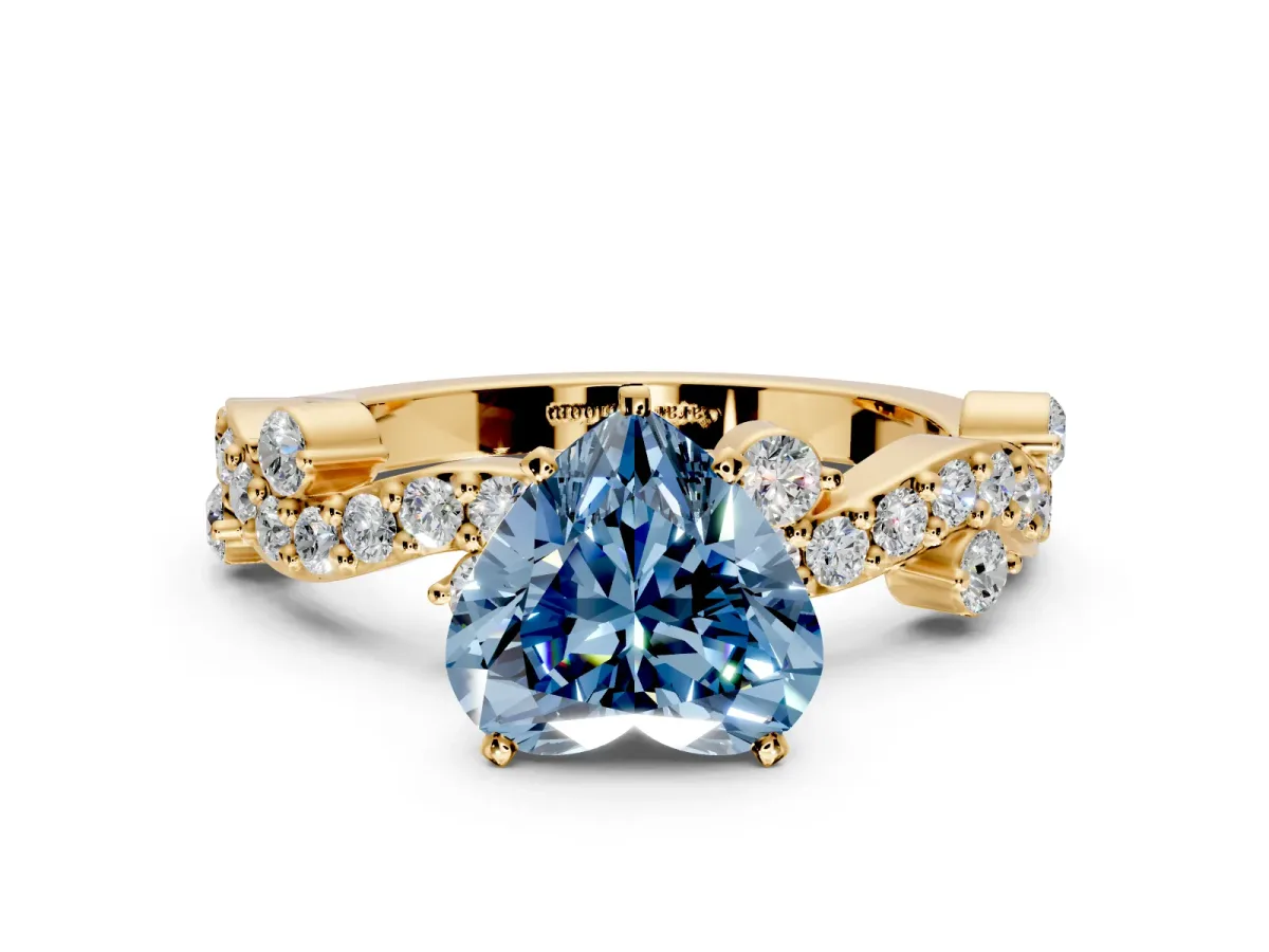 Solitaire Engagement Ring Setting for Fancy Blue Heart-Shaped Center with Bar-Station Pave Twist and Prong Head in Yellow Gold