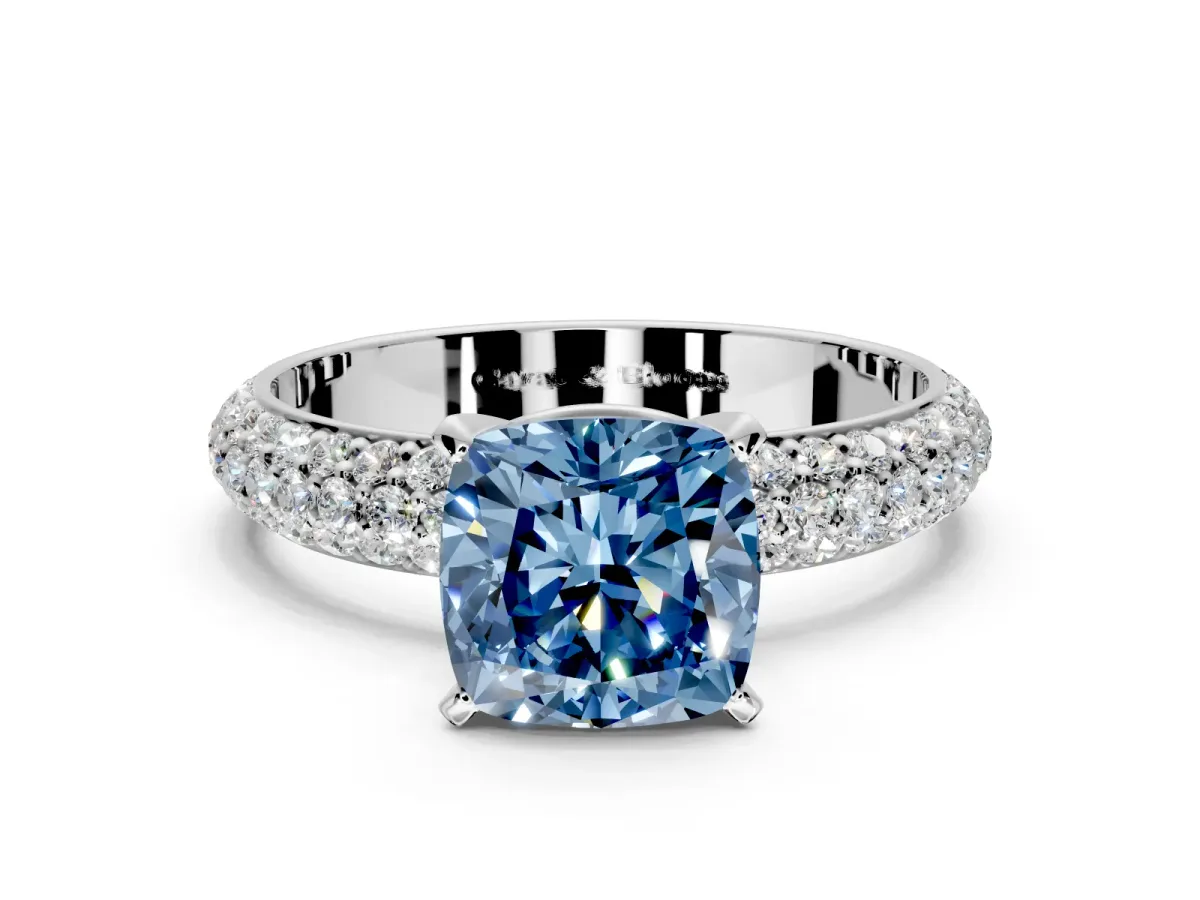 Solitaire Engagement Ring Setting for Fancy Blue Cushion Cut Center with Domed Multi-Row Pave Band and Prong Head in Platinum
